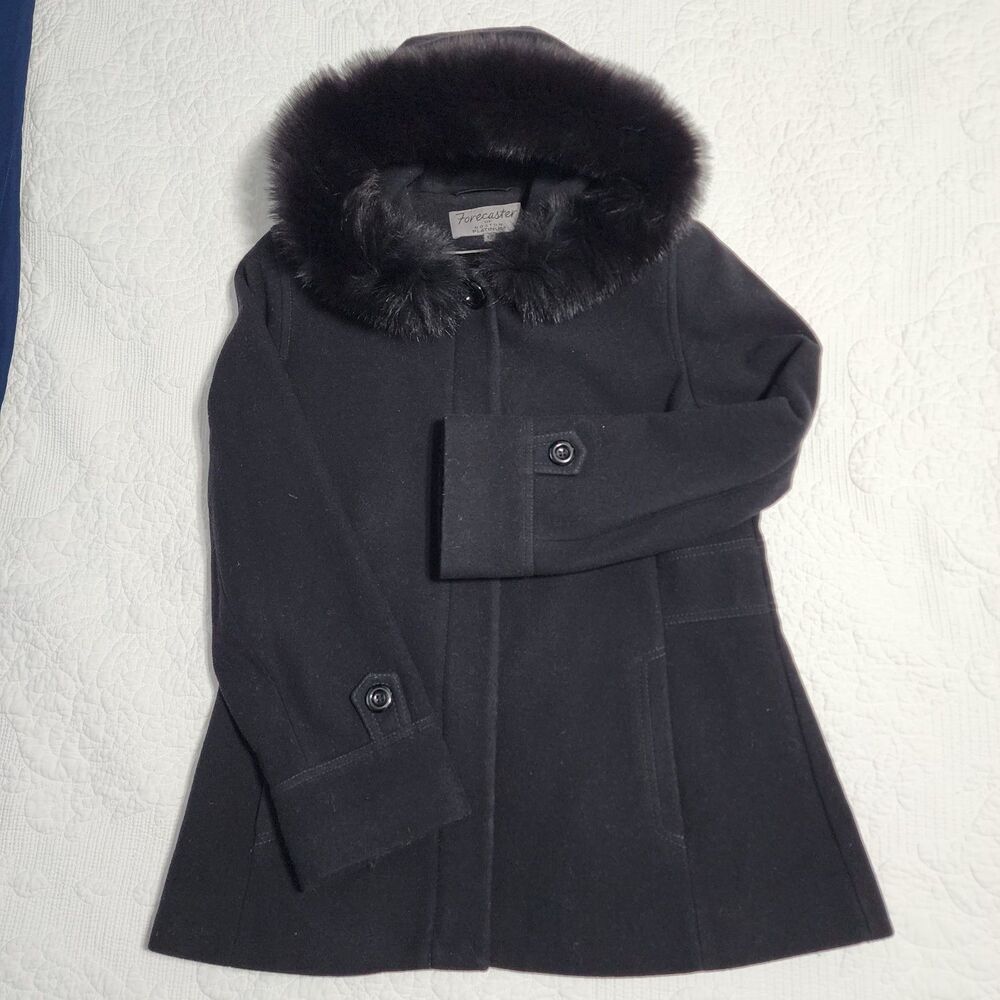 Vintage Women's Forecaster Wool Cashmere blend Coat Black Fox Fur hood size 12
